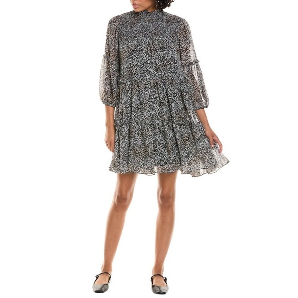 Taylor Black Cream Brown Ruffle Mock‎ Neck Midi Dress Smocked Tiered Size Small